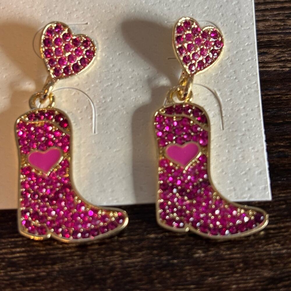 Pink Cowboy Boot Earrings with Heart Accent - Picture 3 of 3